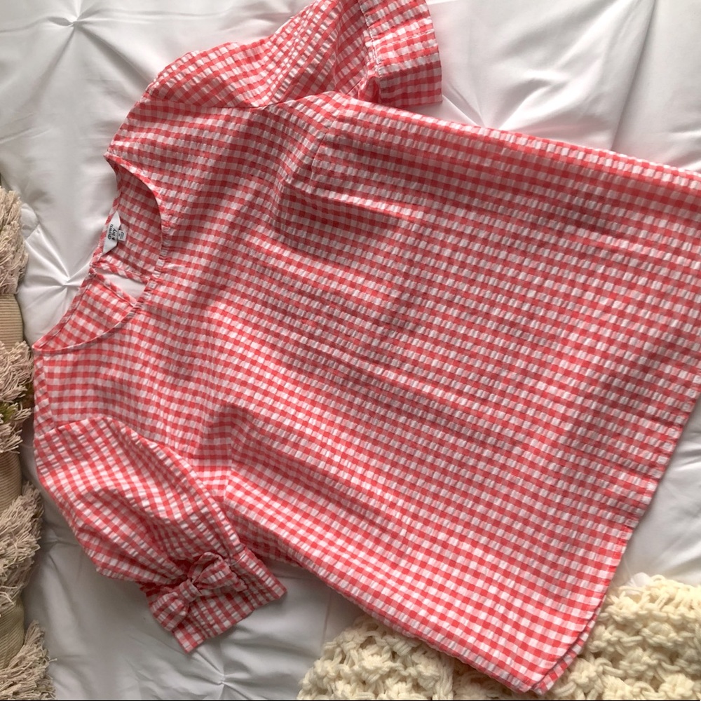 Crown & Ivy Short Sleeve Gingham Bow Top Blouse Medium